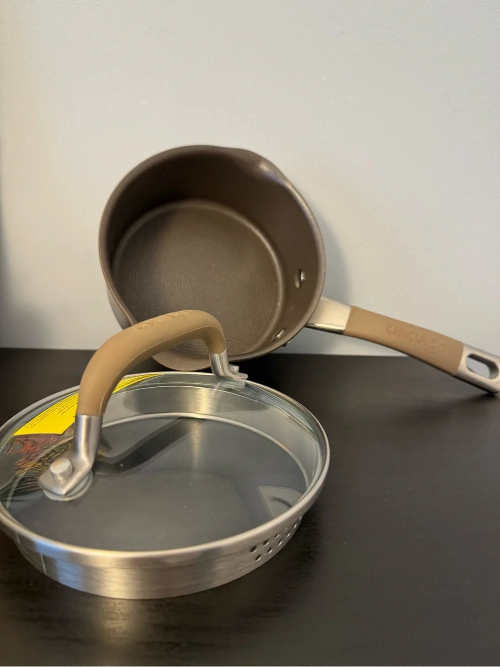 Circulon Premier Professional 1 QT Saucepan nonstick glass straining lid bronze